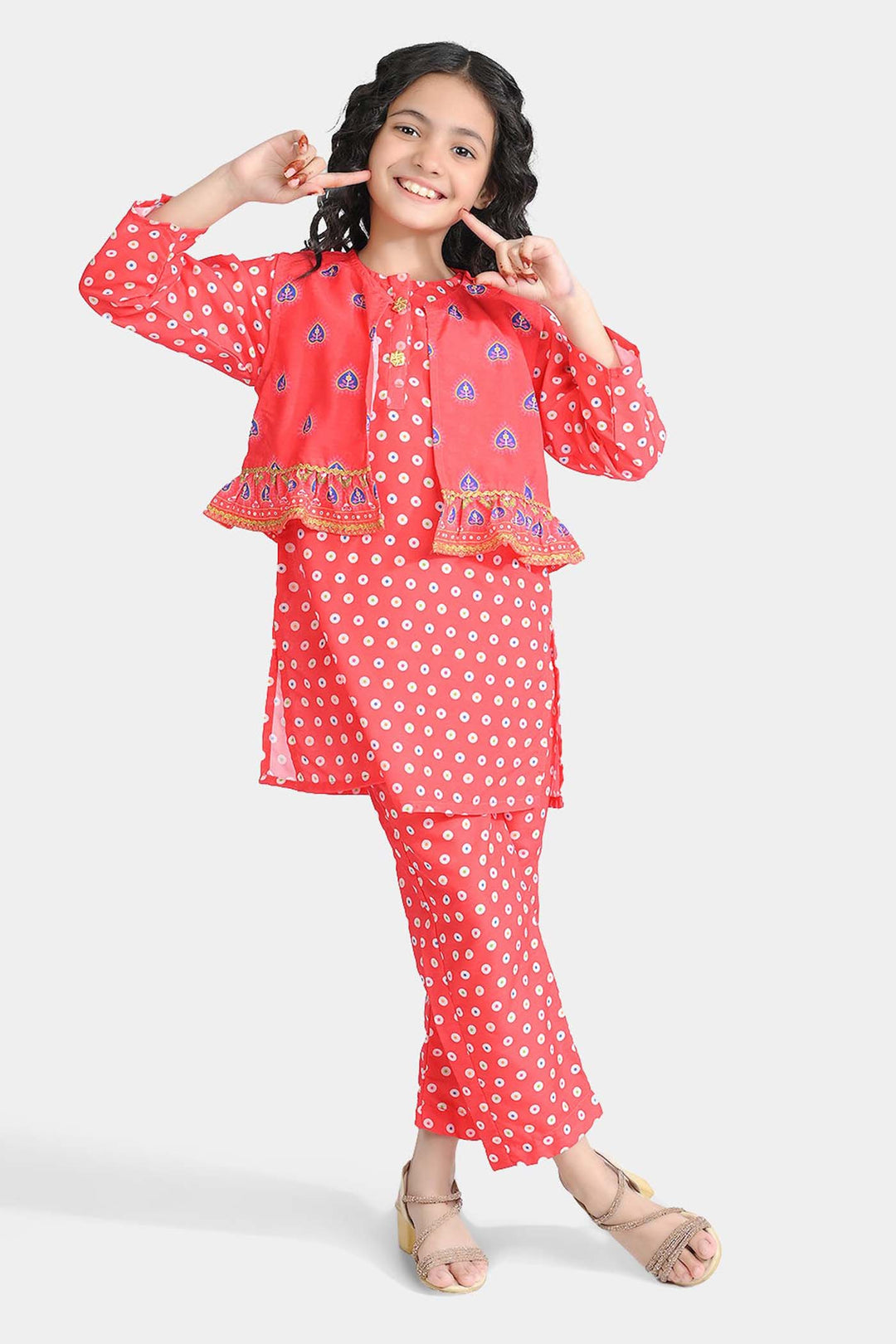 Girls poly cambric Printed 3Pcs Chamak Dhamak-Red