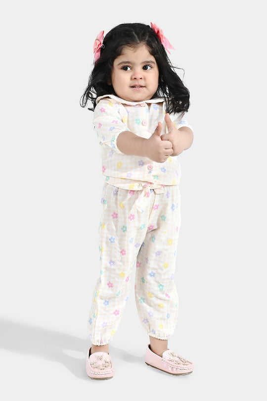 Infant Girls Poly Crinkle 2 Pc Suit - Cream