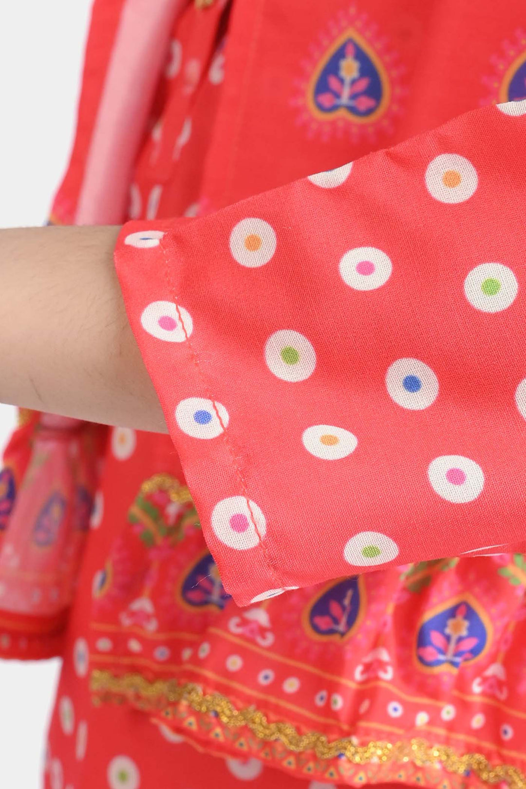 Girls poly cambric Printed 3Pcs Chamak Dhamak-Red