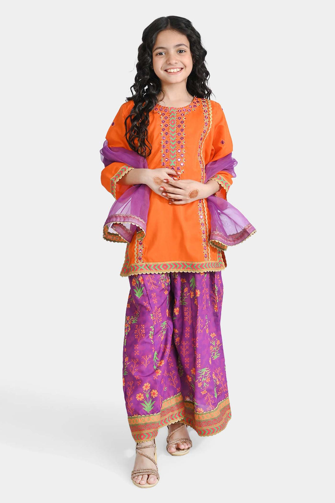 Girls poly cambric Fancy 3 Pcs Bano-ORANGE