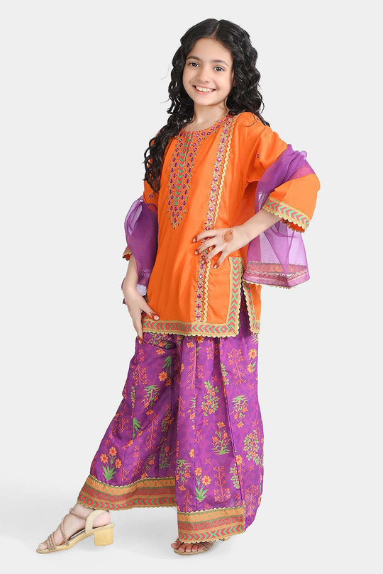 Girls poly cambric Fancy 3 Pcs Bano-ORANGE