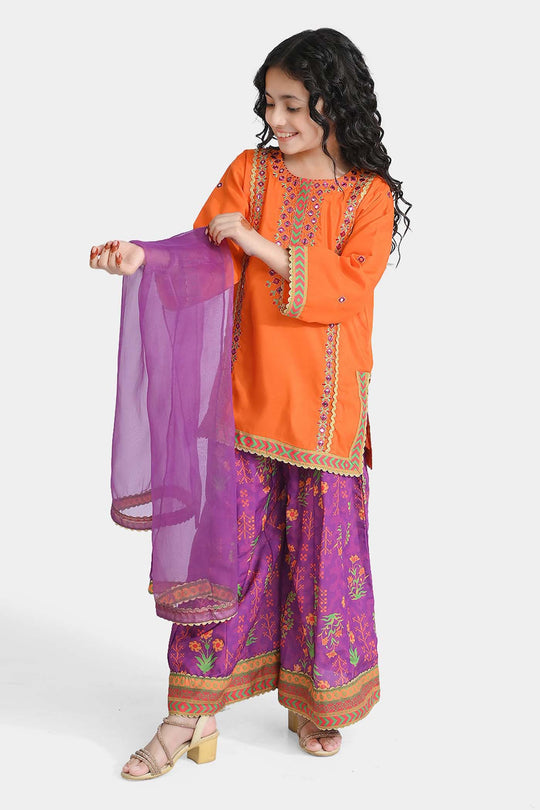 Girls poly cambric Fancy 3 Pcs Bano-ORANGE
