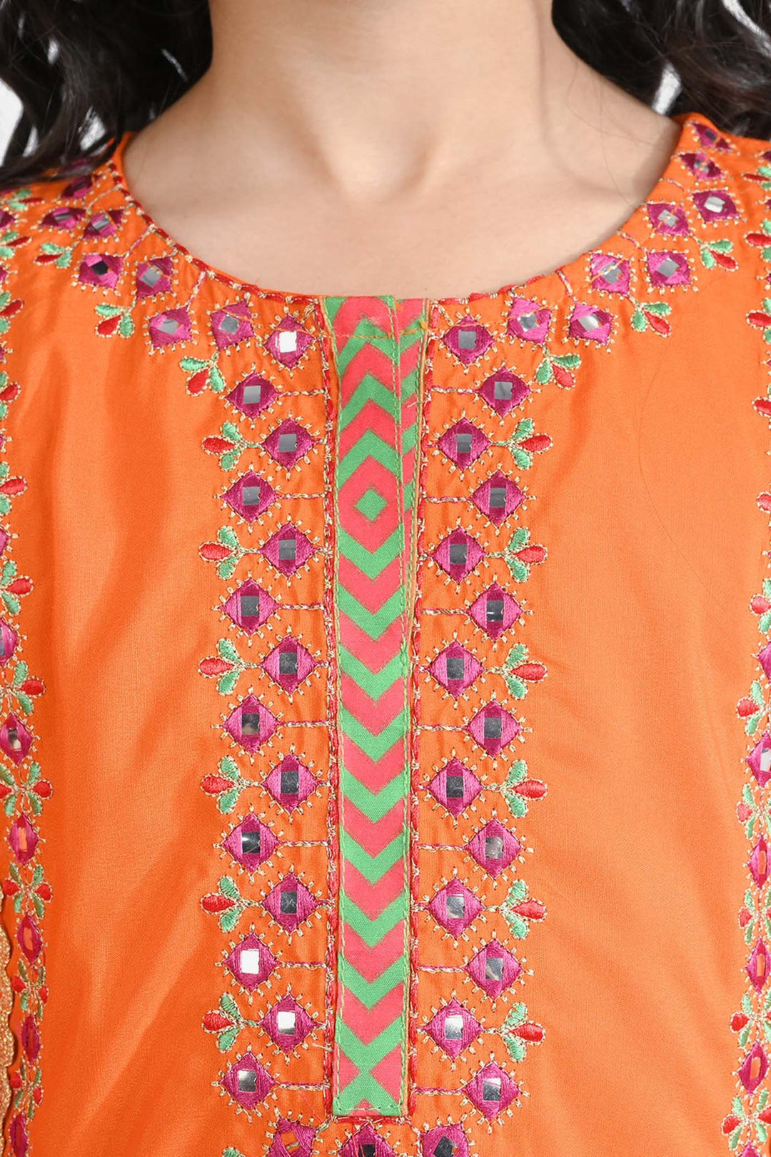 Girls poly cambric Fancy 3 Pcs Bano-ORANGE