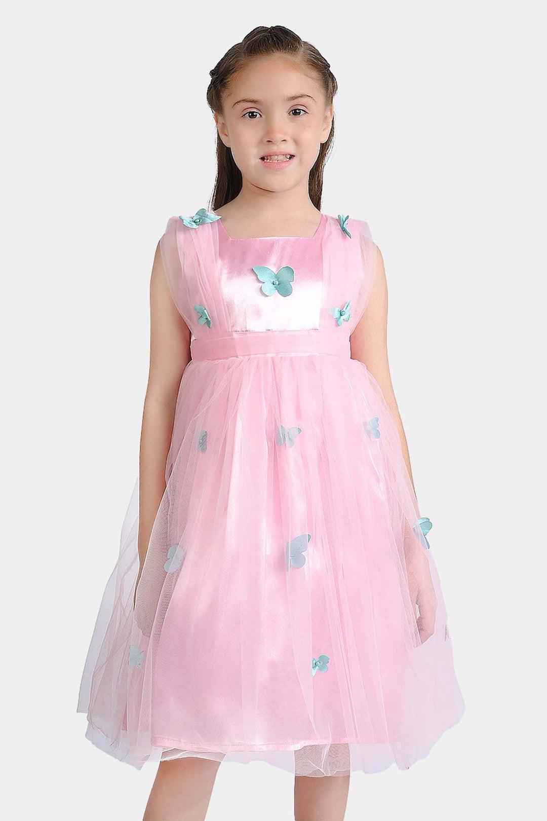 Girls Net Fancy Frock 3D Butterfly-Pink