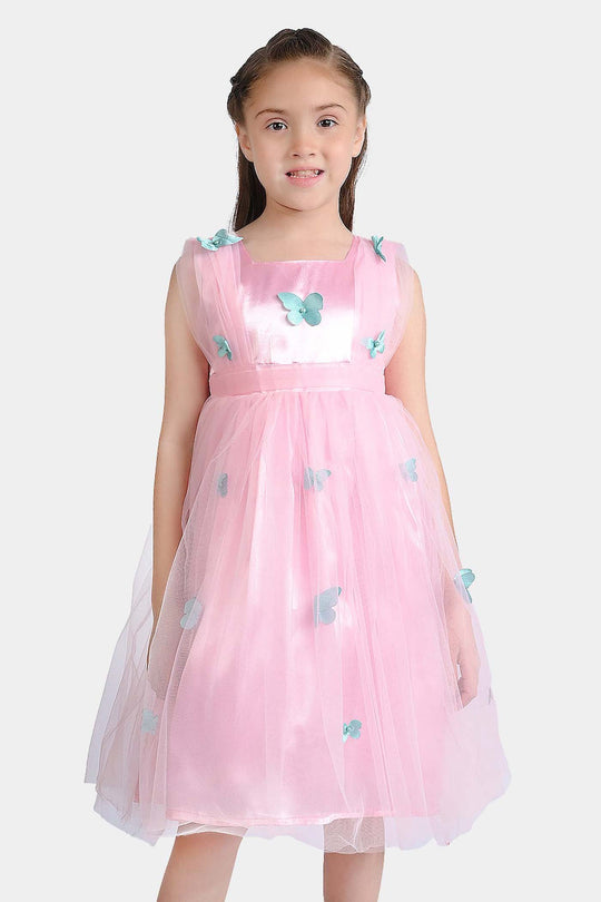 Girls Net Fancy Frock 3D Butterfly-Pink
