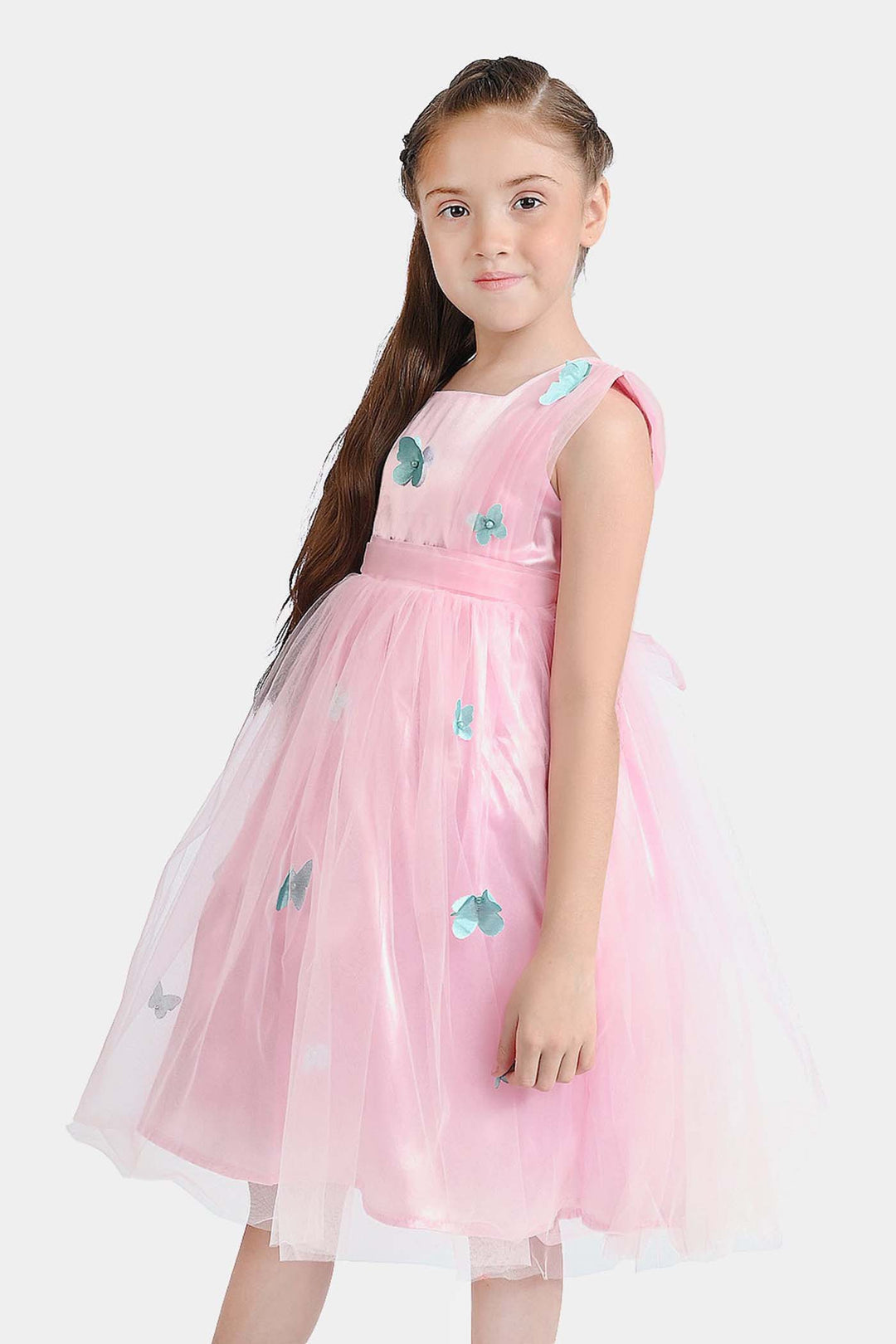 Girls Net Fancy Frock 3D Butterfly-Pink