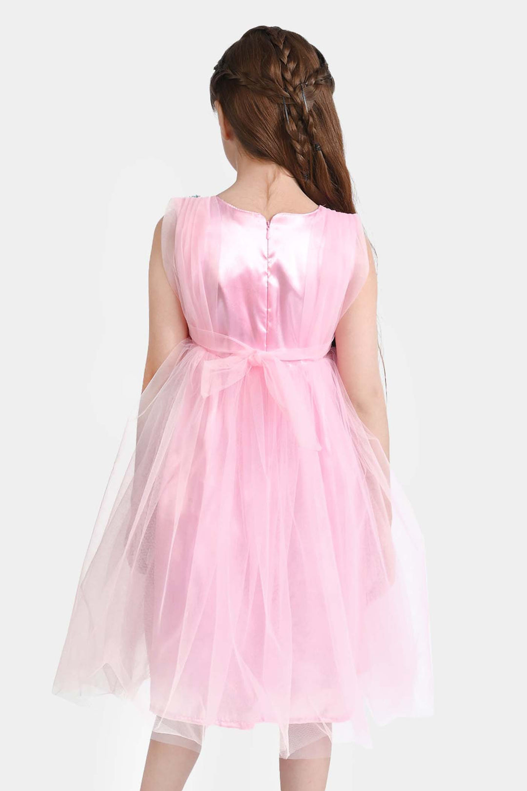 Girls Net Fancy Frock 3D Butterfly-Pink