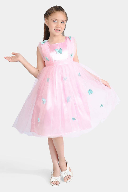 Girls Net Fancy Frock 3D Butterfly-Pink