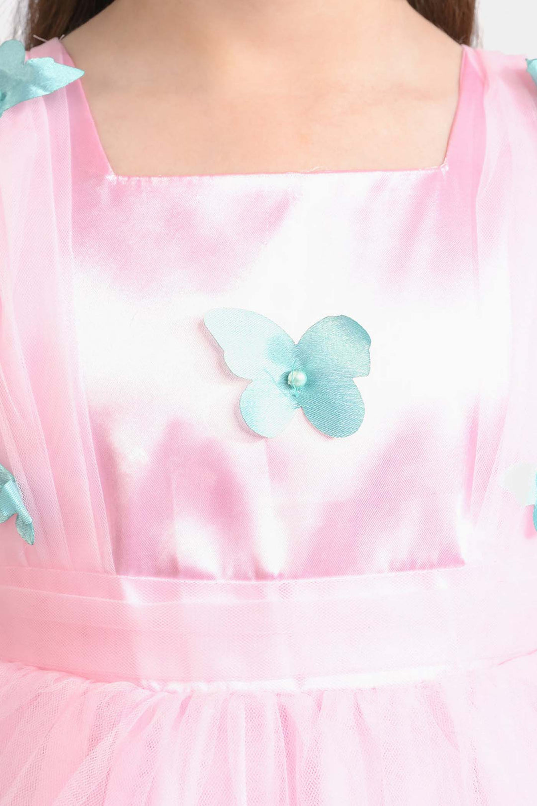 Girls Net Fancy Frock 3D Butterfly-Pink