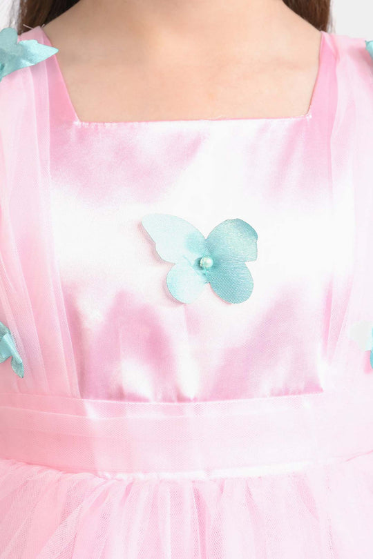 Girls Net Fancy Frock 3D Butterfly-Pink