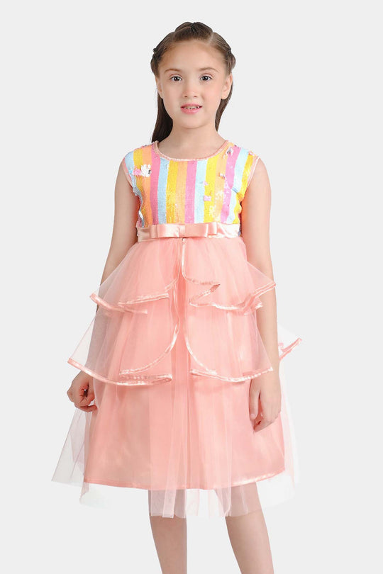 Girls Sequence Fancy Frock Multi Layer-Multi
