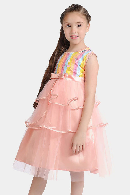 Girls Sequence Fancy Frock Multi Layer-Multi