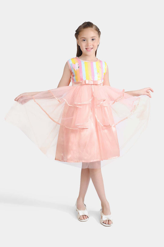 Girls Sequence Fancy Frock Multi Layer-Multi