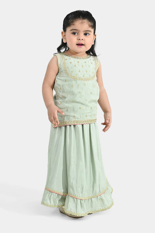 Infant Girls Raw Silk 2-Piece Set (Lace & Frill) - Green