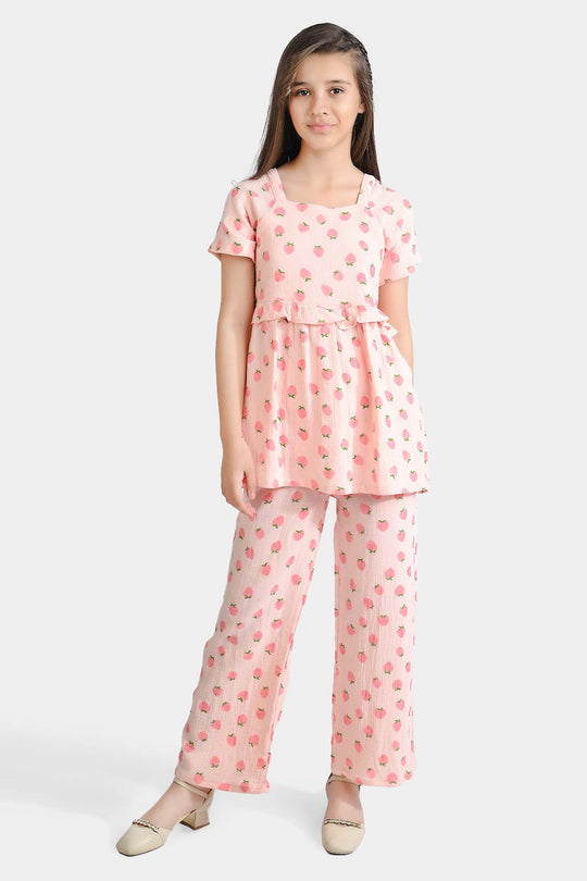 Girls Cotton Co-Ord Set Strawberry-Pink