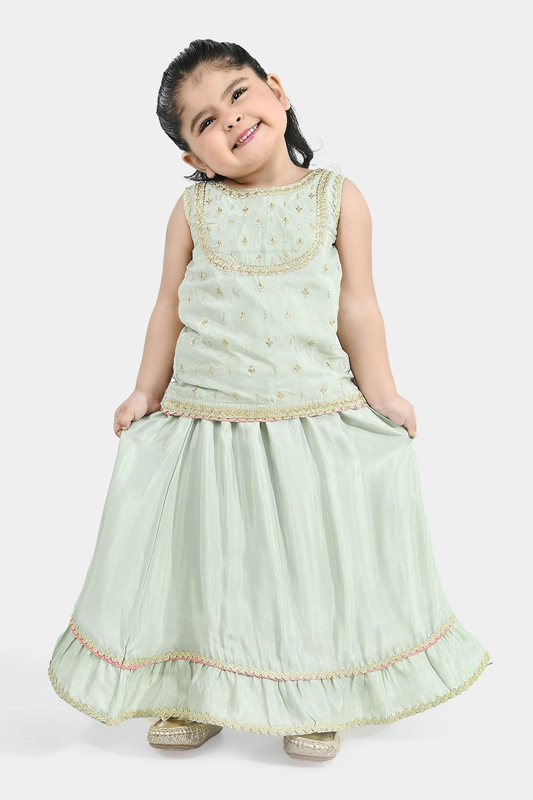 Infant Girls Raw Silk 2-Piece Set (Lace & Frill) - Green
