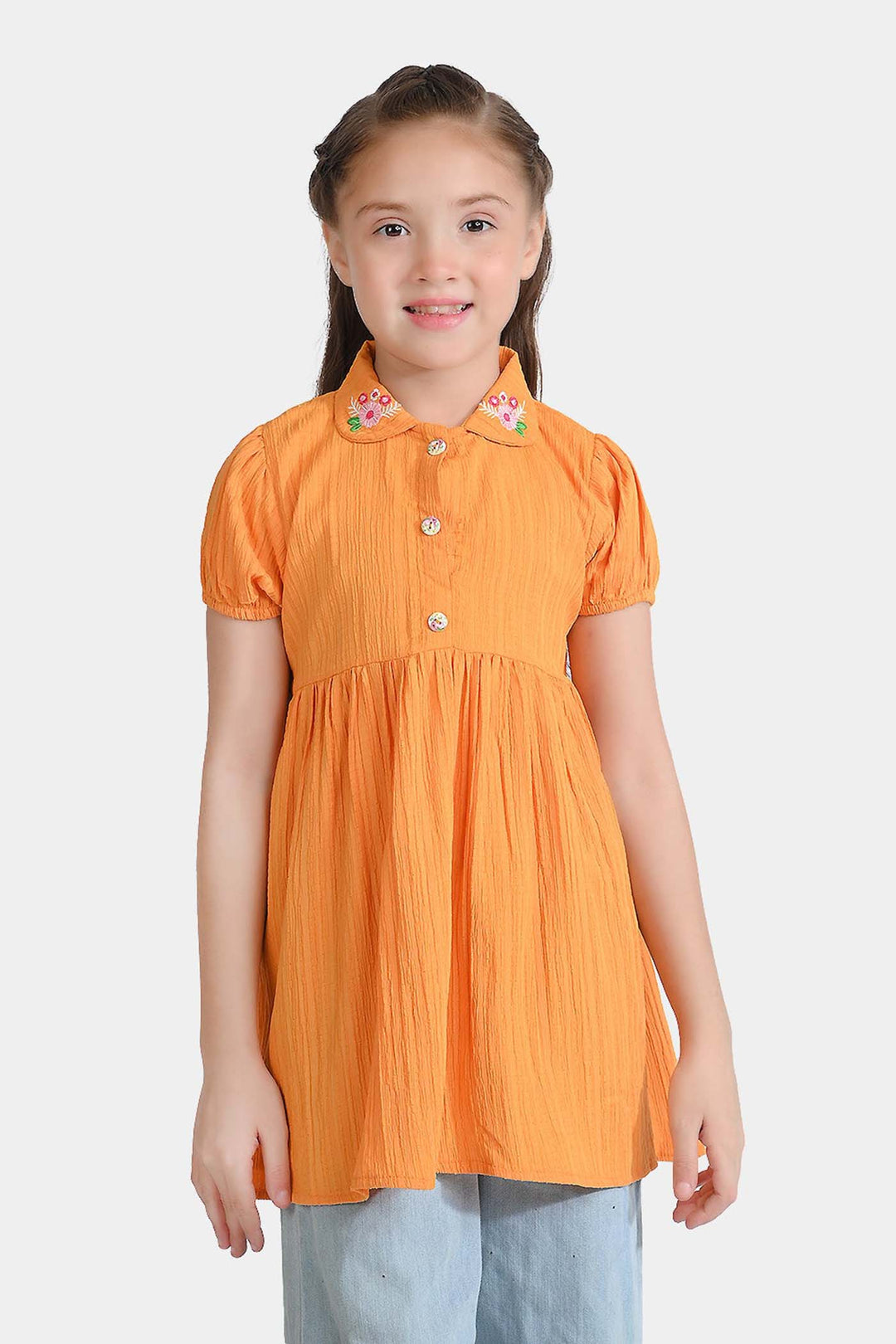 Girls Poly Cotton Casual Frock Mustard Crinkle-Mustard