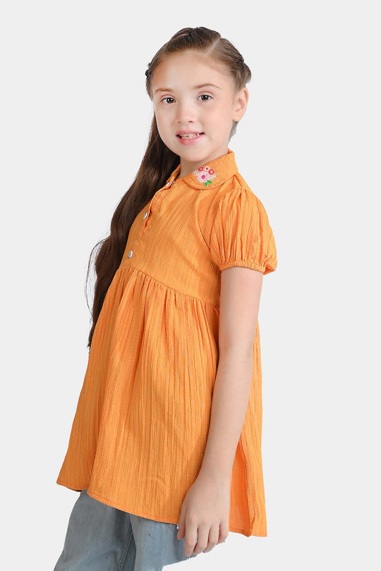 Girls Poly Cotton Casual Frock Mustard Crinkle-Mustard