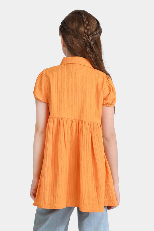 Girls Poly Cotton Casual Frock Mustard Crinkle-Mustard