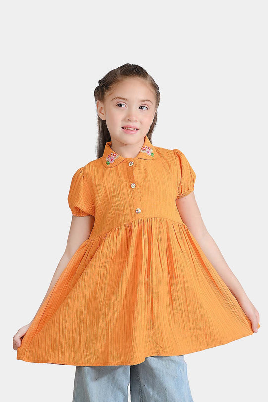 Girls Poly Cotton Casual Frock Mustard Crinkle-Mustard