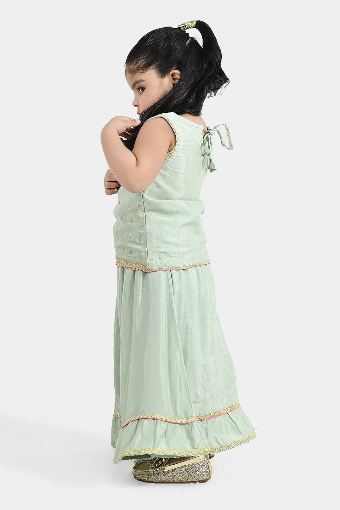 Infant Girls Raw Silk 2-Piece Set (Lace & Frill) - Green