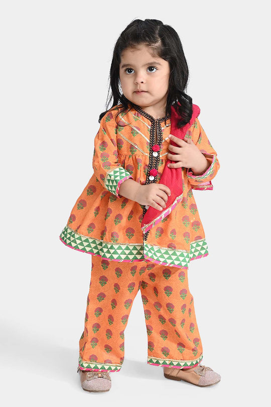 Infant Girls Poly Cambric 3Pcs Suit Narangi-ORANGE