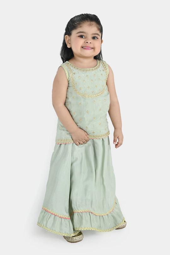 Infant Girls Raw Silk 2-Piece Set (Lace & Frill) - Green