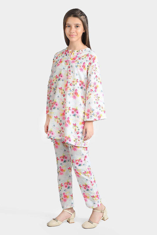 Girls Poly Cambric Printed 2Pcs Suit Floral-Multi