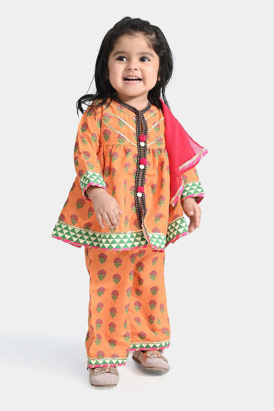 Infant Girls Poly Cambric 3Pcs Suit Narangi-ORANGE