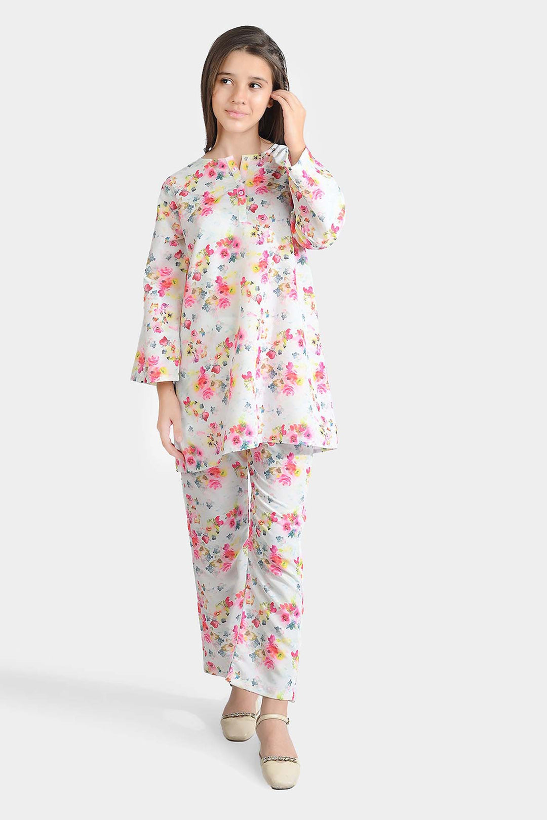 Girls Poly Cambric Printed 2Pcs Suit Floral-Multi