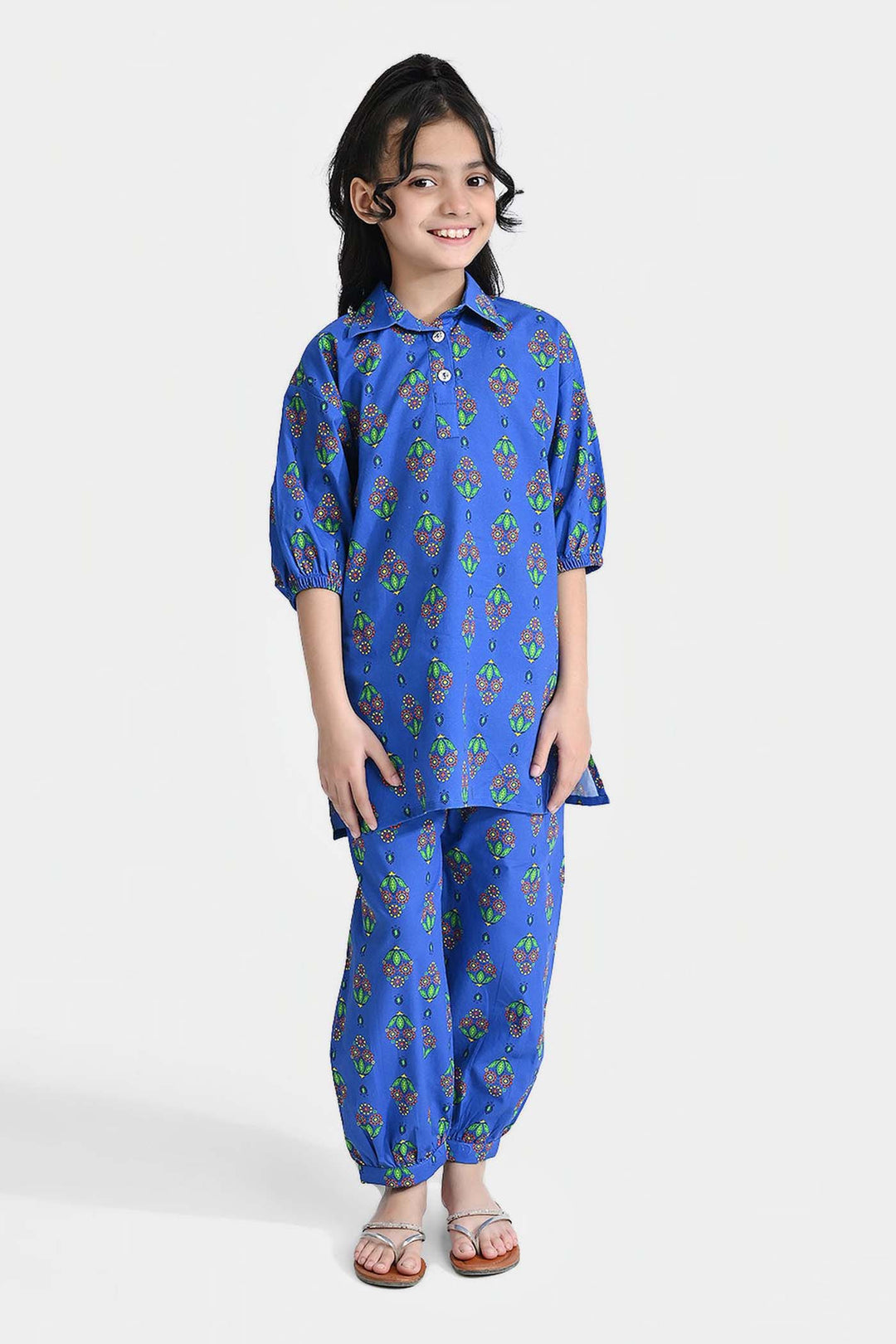 Girls Cotton Printed 2 Pcs Saya Bahar-Blue