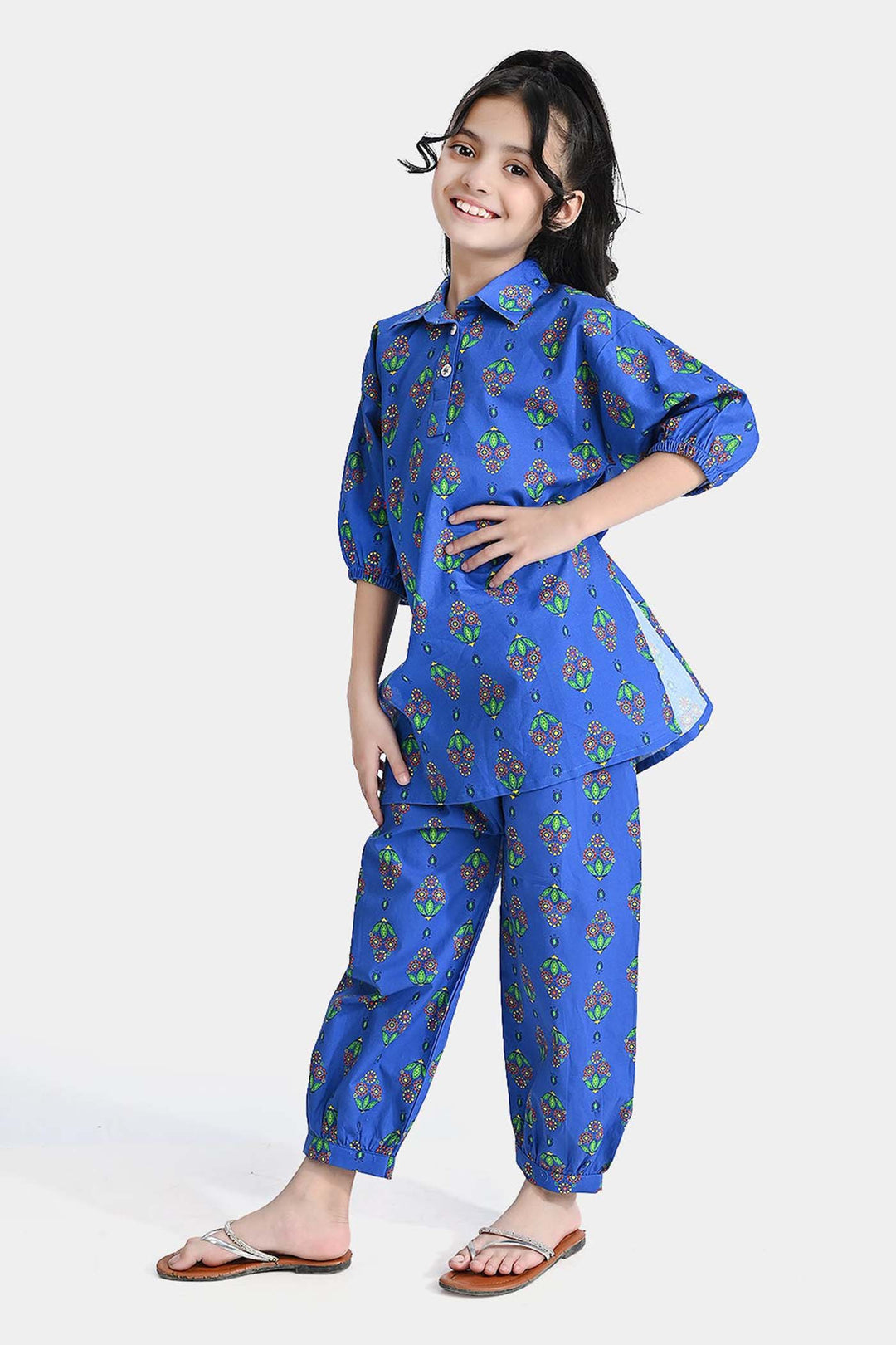 Girls Cotton Printed 2 Pcs Saya Bahar-Blue