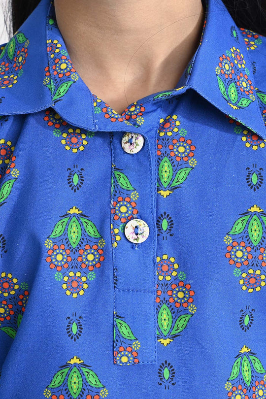 Girls Cotton Printed 2 Pcs Saya Bahar-Blue