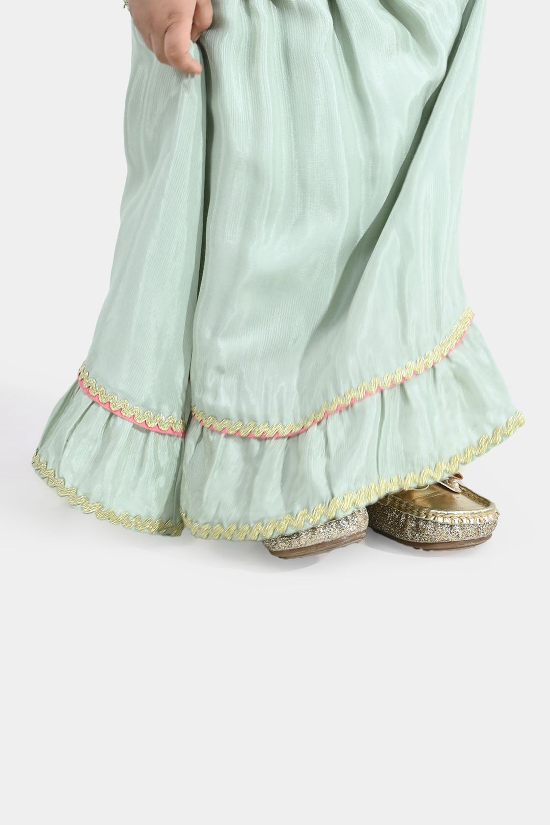 Infant Girls Raw Silk 2-Piece Set (Lace & Frill) - Green