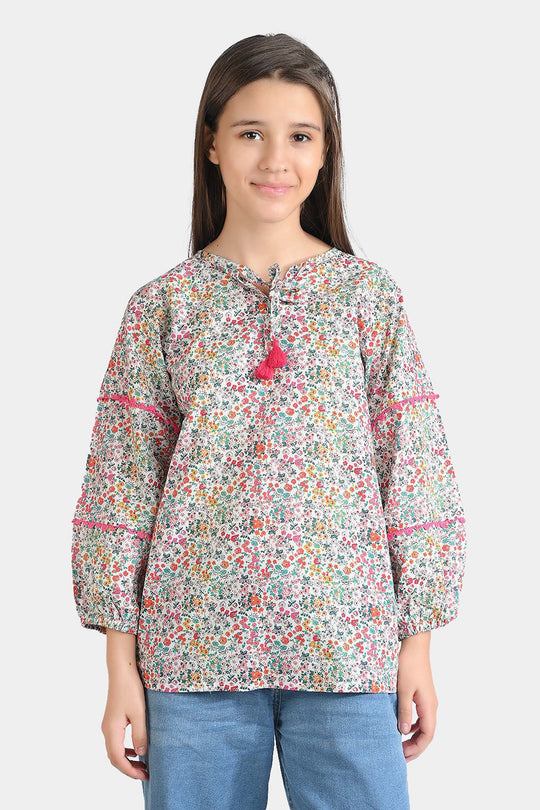 Girls Cotton Poplin Casual Top Chin Print-Multi