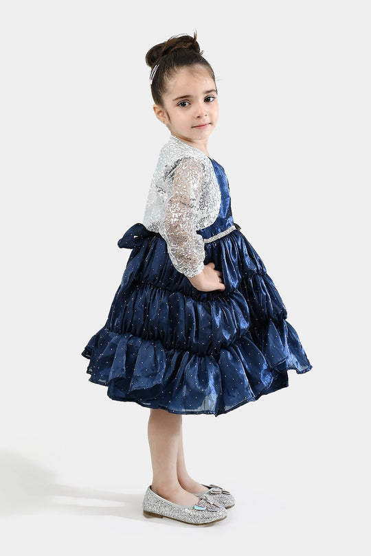 Girls Organza Fancy Frock-Glow-Blue