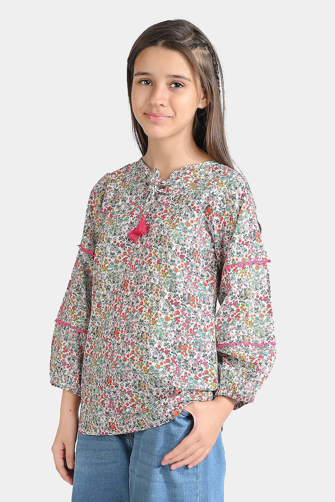 Girls Cotton Poplin Casual Top Chin Print-Multi