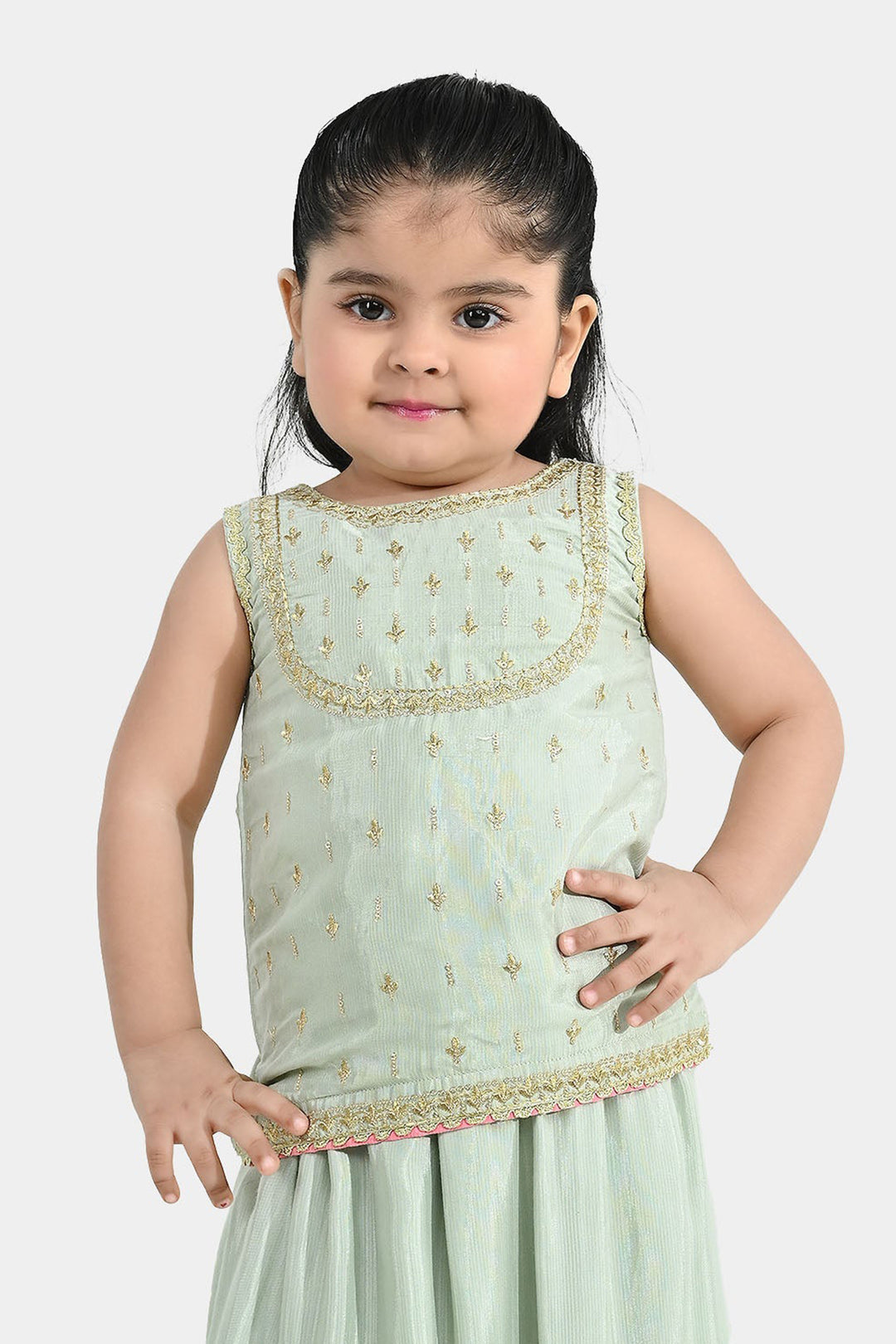 Infant Girls Raw Silk 2-Piece Set (Lace & Frill) - Green