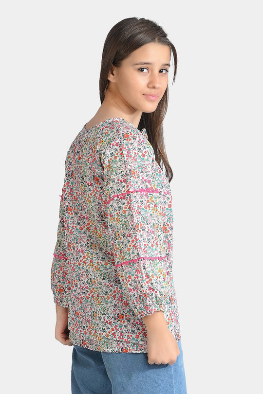 Girls Cotton Poplin Casual Top Chin Print-Multi