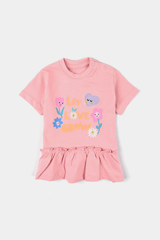 Infant Girls Cotton Jersey Knitted Frock Let Love Grow-Candy Pink