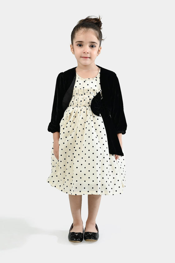 Girls Net Fancy Frock-Polka Dot-OFF-White
