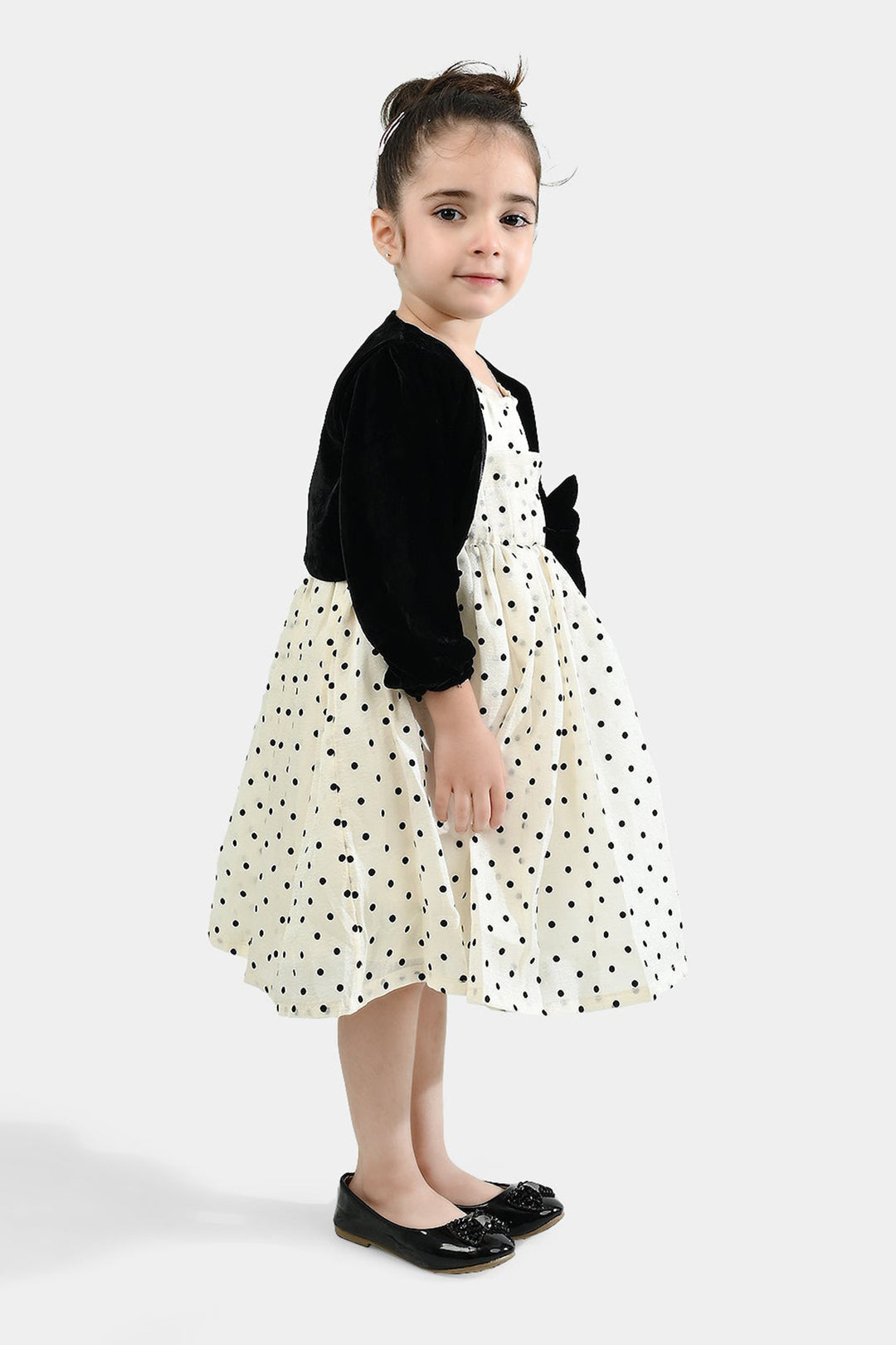 Girls Net Fancy Frock-Polka Dot-OFF-White