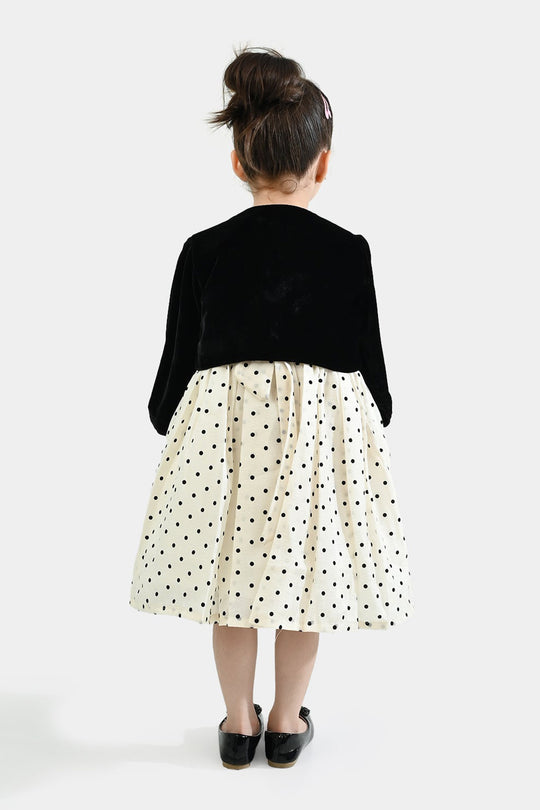 Girls Net Fancy Frock-Polka Dot-OFF-White