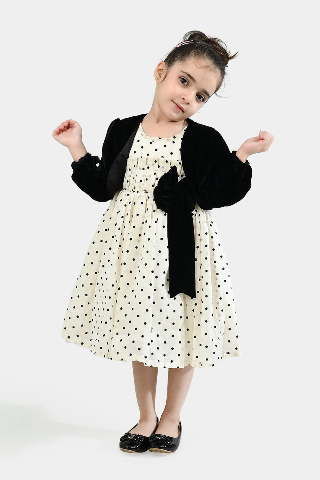 Girls Net Fancy Frock-Polka Dot-OFF-White