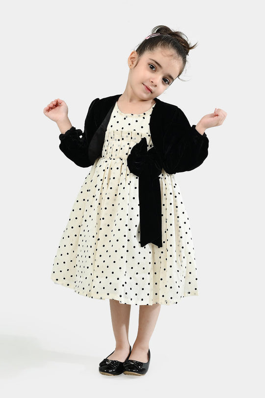Girls Net Fancy Frock-Polka Dot-OFF-White