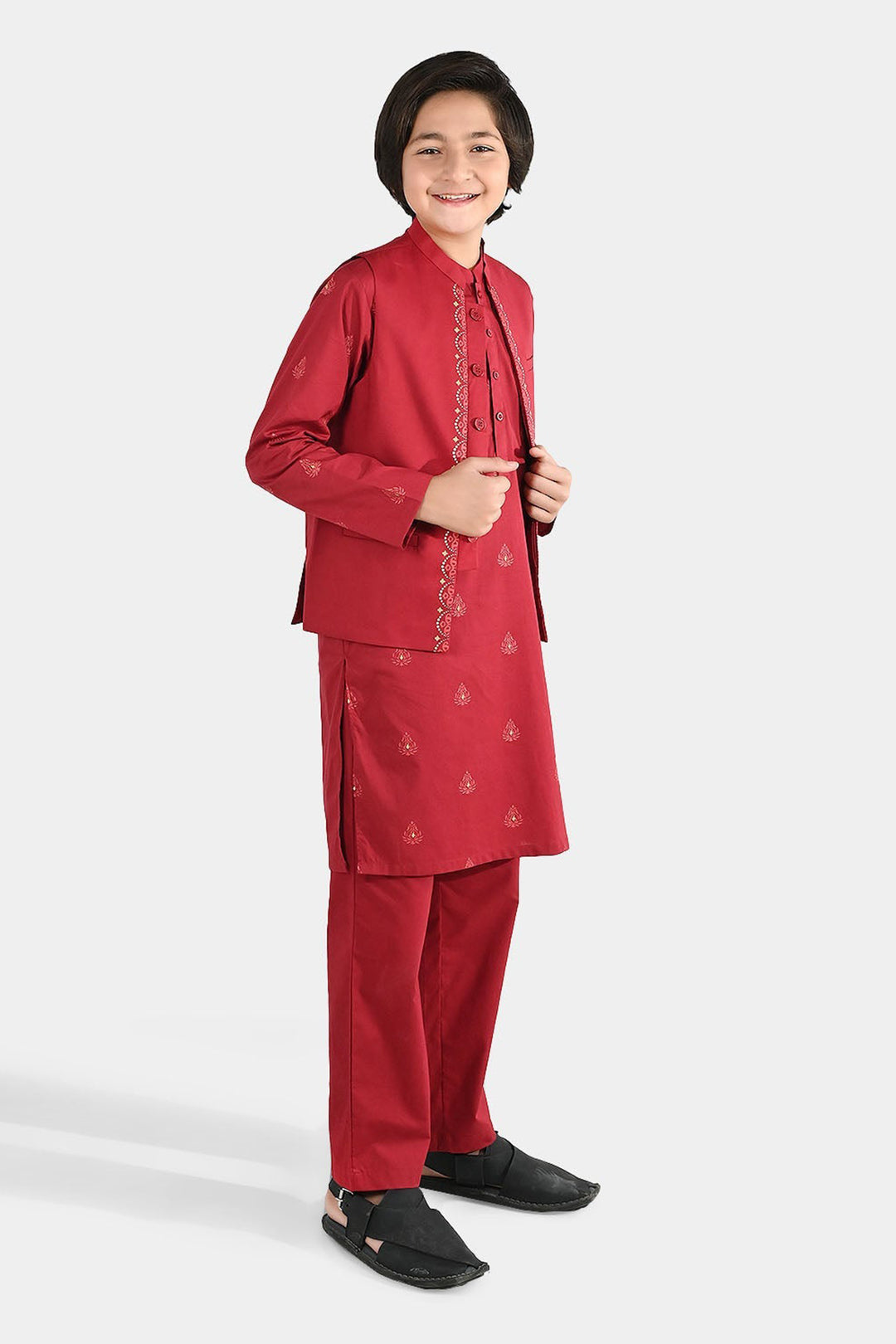 Boys Cotton Poplin Printed 3-Piece Suit (Rung Saz) - Red