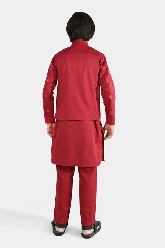 Boys Cotton Poplin Printed 3-Piece Suit (Rung Saz) - Red