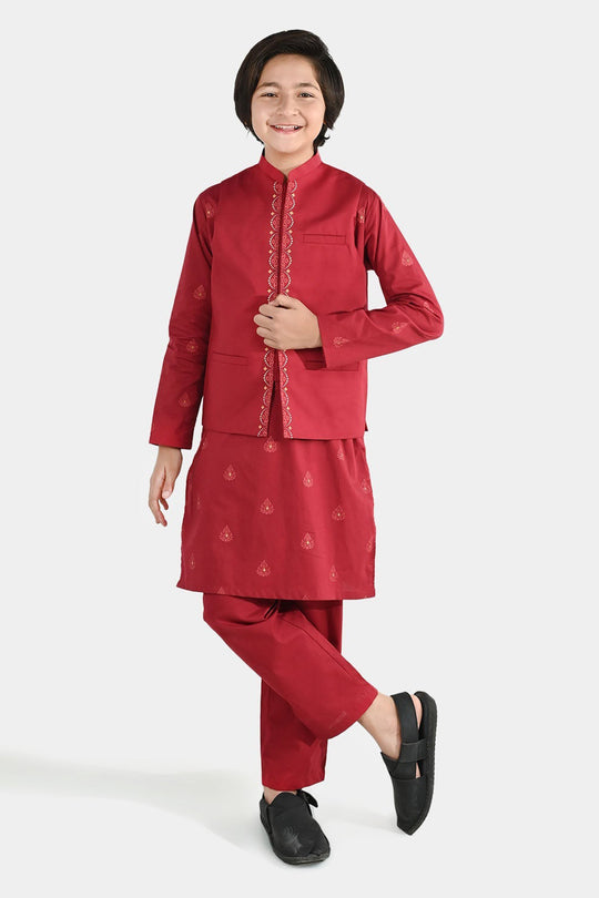 Boys Cotton Poplin Printed 3-Piece Suit (Rung Saz) - Red