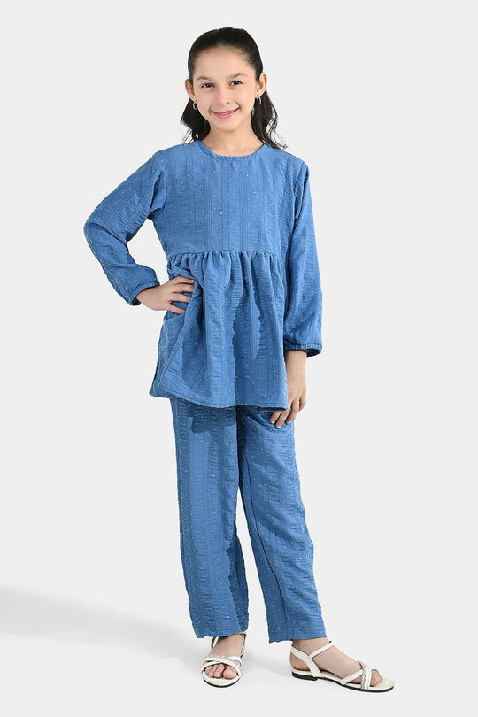 Girls Poly Lawn Co-Ord Set (Stars) - Blue