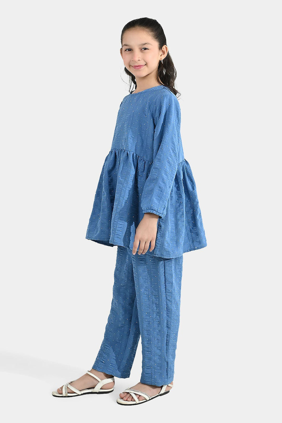 Girls Poly Lawn Co-Ord Set (Stars) - Blue